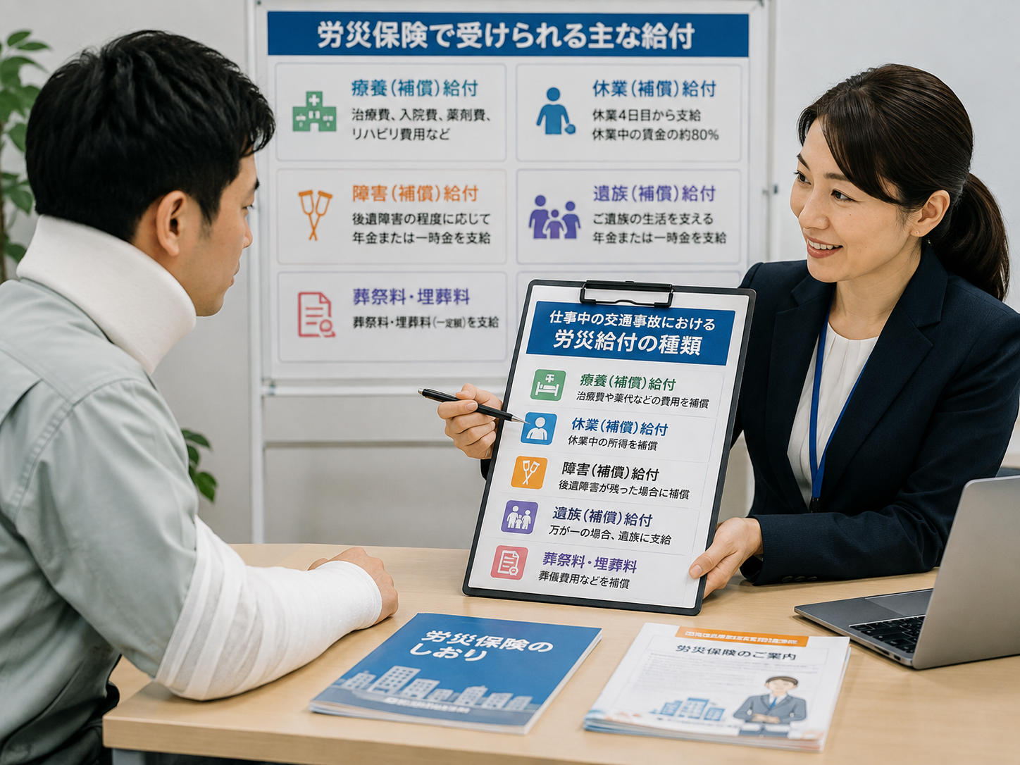 仕事中の交通事故で受けられる治療費や休業補償などの労災給付